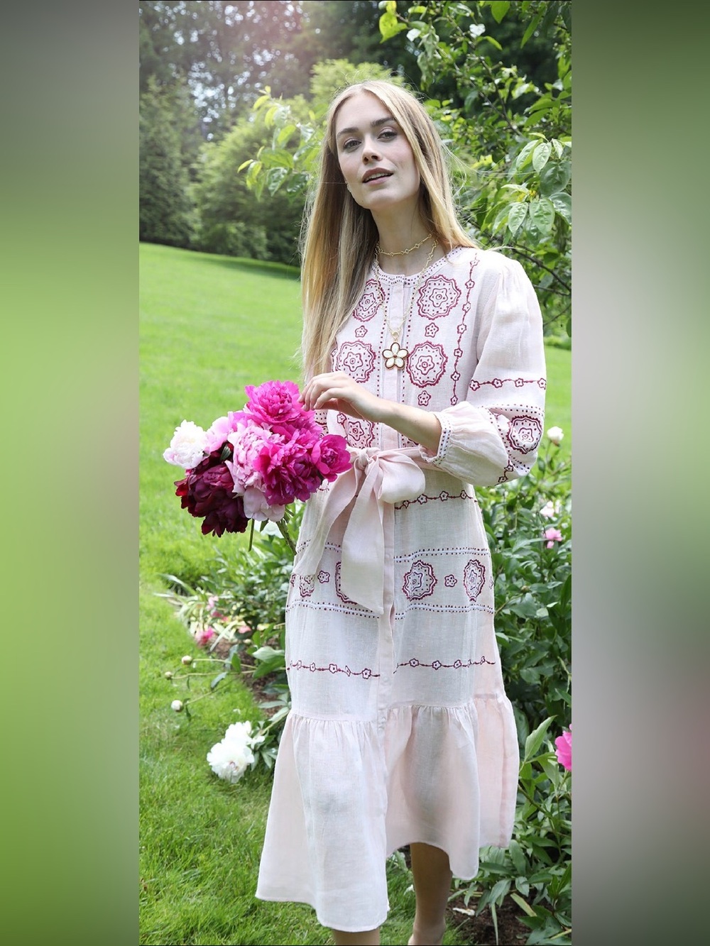 ASHA Women's linen Midi Dress with Embroidered Motif - Pink
